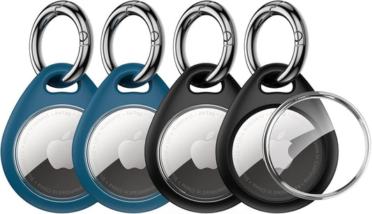 Airtag Case 4-Pack, TPU Protective Cover with Keyring for Apple Airtag [Snug Fit & Secure] [Easy Installation] Anti-Scratch 360° Full Body Holder for Keys, Pets, Bags - 2 Black & 2 Blue